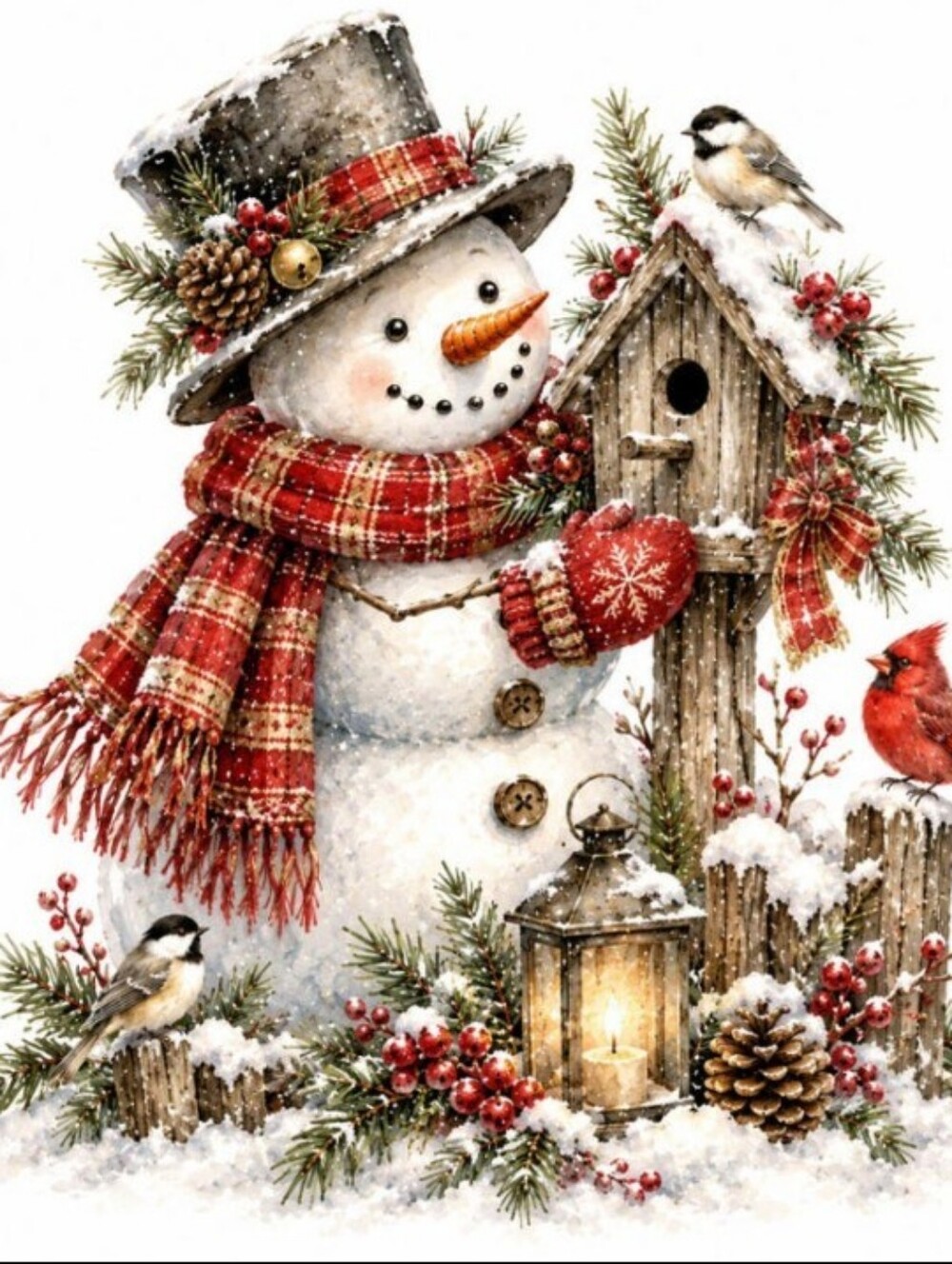 Festive Snowman Holiday Wall Art Print - Red Scarf & Mittens 8x10